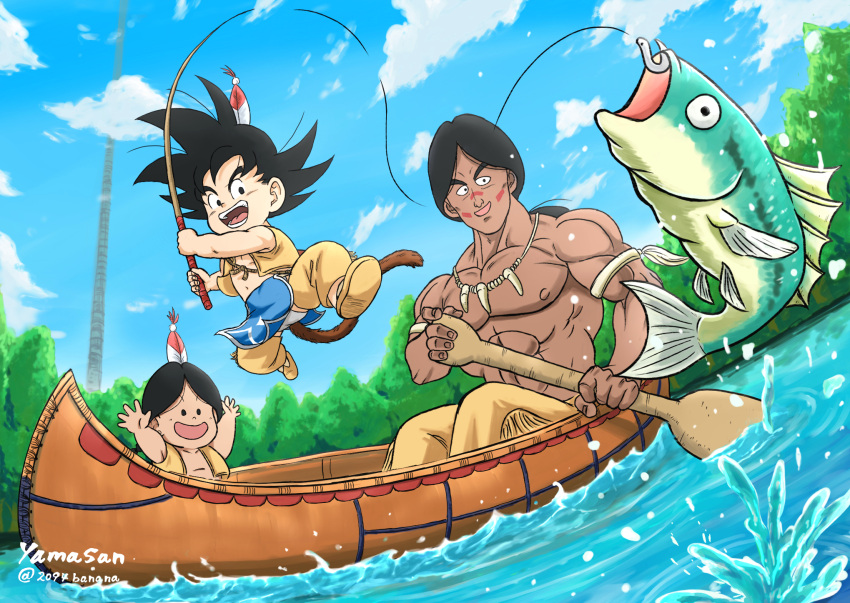 2094banana 3boys black_hair boat bone_necklace bora_(dragon_ball) character_request cloud cloudy_sky commentary_request dark-skinned_male dark_skin day dragon_ball dragon_ball_(classic) fantasy father_and_son feather_hair fish fishing fishing_hook fishing_line fishing_rod highres holding holding_fishing_rod jumping looking_at_viewer male_focus monkey_tail multiple_boys muscular muscular_male open_mouth outdoors paddle sitting sky smile son_goku spiked_hair tail topless_male tower tree upa_(dragon_ball) water watercraft