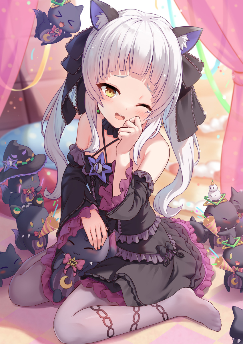 &gt;_&lt; 1girl :d ;d animal_ear_fluff animal_ears bangs bare_shoulders black_dress black_ribbon blush cat_ears dress frilled_dress frilled_sleeves frills grey_legwear hair_ribbon halter_dress halterneck hat highres hololive long_hair long_sleeves murasaki_shion no_shoes one_eye_closed pantyhose party_popper petting ribbon round_teeth shimokirin shiokko_(murasaki_shion) silver_hair sitting smile solo tearing_up teeth twintails upper_teeth virtual_youtuber wariza witch_hat xd yellow_eyes