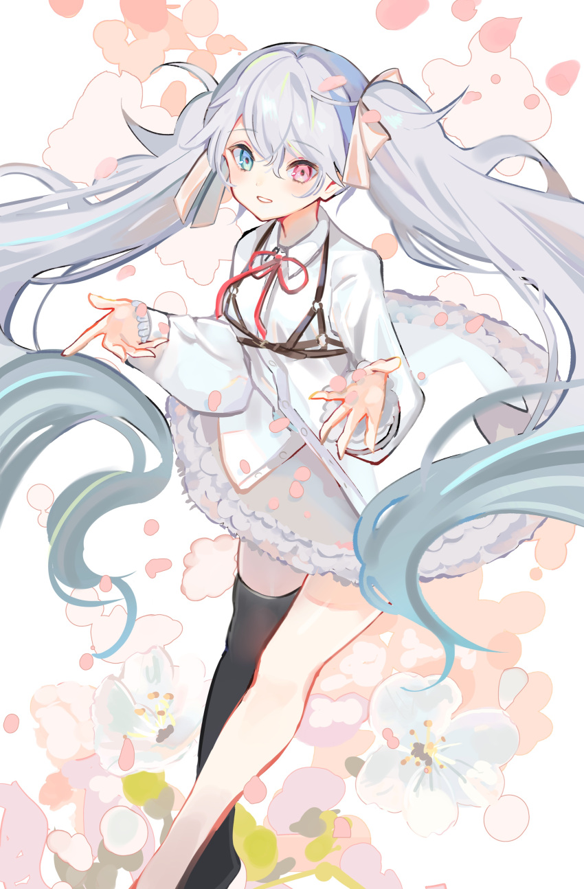 1girl 25-ji_night_code_de._(project_sekai) absurdres black_legwear blue_eyes bow cherry_blossoms chest_harness commentary dress flower grey_hair hair_bow harness hatsune_miku highres long_hair long_sleeves neck_ribbon parted_lips petticoat pink_eyes pink_flower project_sekai red_ribbon ribbon single_bare_leg single_thighhigh smile solo thighhighs twintails utakapen very_long_hair vocaloid white_bow white_dress