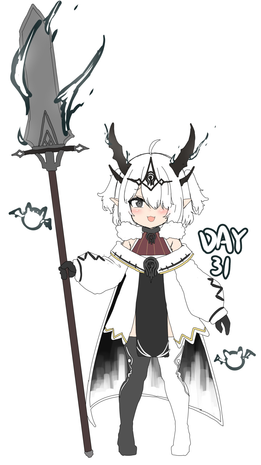 1girl :d absurdres bailingxiao_jiu bangs black_footwear black_gloves black_legwear blush boots eyebrows_visible_through_hair fangs full_body gloves grey_eyes hair_over_one_eye headpiece highres holding holding_polearm holding_weapon horns jacket long_sleeves looking_at_viewer multiple_horns off-shoulder_jacket off_shoulder original pelvic_curtain pointy_ears polearm puffy_long_sleeves puffy_sleeves simple_background sleeves_past_wrists smile solo standing thigh_boots thighhighs weapon white_background white_footwear white_hair white_jacket white_legwear