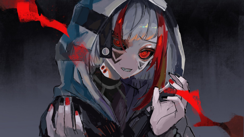 1boy black_eyes black_jacket black_nails black_sclera clenched_teeth colored_sclera facial_mark fangs fingernails highres hood hood_up hooded_jacket jacket long_fingernails looking_at_viewer male_focus multicolored_hair original red_eyes red_hair red_nails red_pupils siun_5513 sketch solo streaked_hair striped striped_clothes sweat teeth turtleneck upper_body vampire white_hair