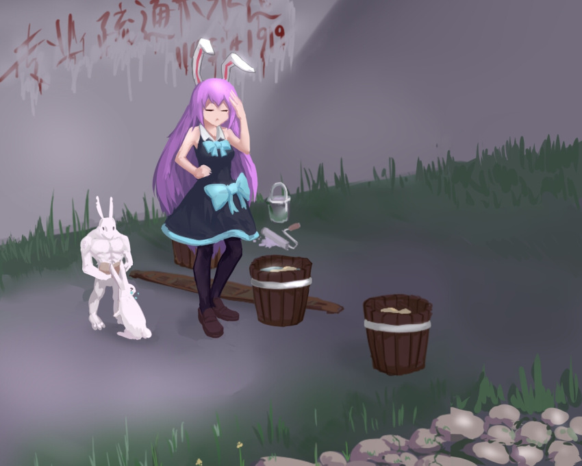 1girl animal_ears black_dress blue_bow bow brown_footwear bucket bucket_of_water bunny cookie_(touhou) dress grass hisui_(cookie) nature paint paint_can paint_roller purple_hair rabbit_ears rabbit_tail reisen_udongein_inaba stone tail tongjm touhou translation_request wall writing writing_on_wall