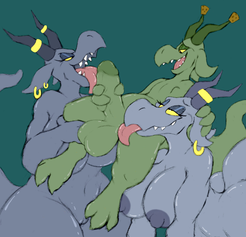 anthro balls big_breasts breasts carrying cork curvy_figure demon ear_piercing ear_ring female genitals green_body grey_body group group_sex hand_on_head headbutterz hi_res holding_penis horn horned_humanoid humanoid imp larger_female leg_grab licking looking_at_another male male/female nipples open_mouth oral penile penis penis_lick piercing pussy sex sharp_teeth size_difference smaller_male teeth threesome tongue tongue_out wide_hips