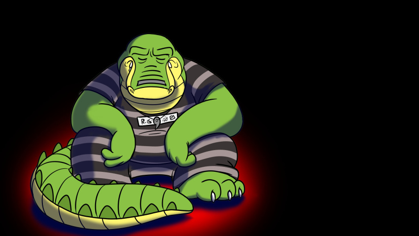 16:9 2022 absurd_res alligator alligatorid anthro belly big_belly bottomwear brok_(character) brok_the_investigator clothing cowcatgames crocodilian eyes_closed green_body hi_res humanoid_hands male official_art overweight overweight_male pants prison_uniform reptile scalie shirt sitting solo topwear video_games widescreen