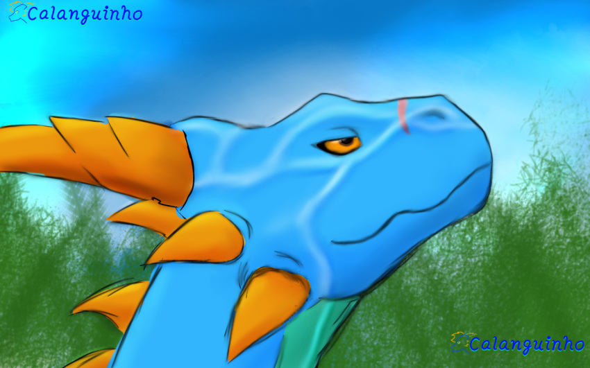 16:10 block_story blue_body blue_scales brown_eyes calanguinhodraw digital_media_(artwork) dragon drako_barthold(calanguinhodraw) elemental_creature elemental_dragon feral grass horn ice_dragon male plant reptile scales scalie simple_background smile solo spikes tall_grass video_games western_dragon widescreen