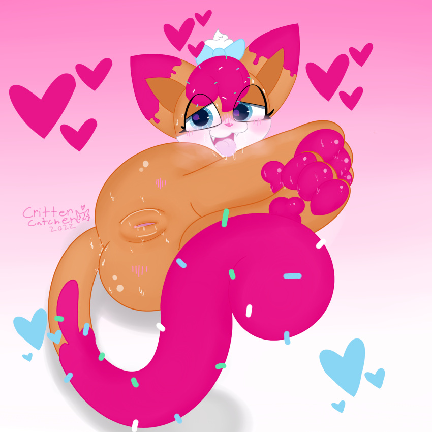 &lt;3 blush blush_lines bodily_fluids bow butt critter_catcher fangs feet female feral foot_focus fur genitals hasbro hi_res littlest_pet_shop looking_at_viewer looking_pleasured orange_body orange_fur presenting presenting_hindquarters presenting_pussy pussy saliva simple_background solo sprinkles sugar_sprinkles swear sweat sweaty_butt sweaty_feet sweaty_genitalia tongue tongue_out