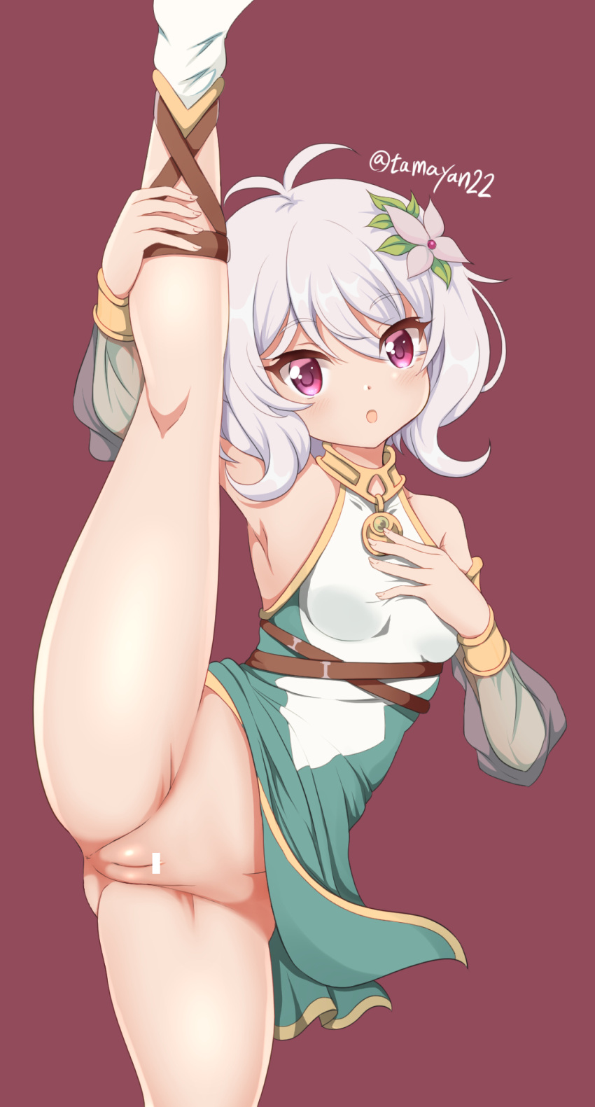 1girl :o antenna_hair arm_up armpits bangs bar_censor bare_shoulders breasts brown_background cameltoe censored commentary_request detached_sleeves dress eyebrows_visible_through_hair flower green_sleeves grey_flower groin hair_between_eyes hair_flower hair_ornament highres kokkoro_(princess_connect!) leg_up long_sleeves looking_at_viewer no_panties parted_lips princess_connect! puffy_long_sleeves puffy_sleeves purple_eyes pussy see-through see-through_sleeves silver_hair simple_background sleeveless sleeveless_dress small_breasts solo split standing standing_on_one_leg standing_split tamayan twitter_username white_dress