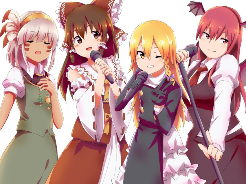 4girls asatsuki_(cookie) ascot bangs black_coat black_gloves black_skirt black_vest blonde_hair blush bow braid breasts brown_eyes brown_hair buttons closed_eyes closed_mouth coat collared_shirt commentary_request cookie_(touhou) cowboy_shot detached_sleeves facepaint fake_wings feather_hair_ornament feathers frilled_bow frilled_sleeves frills gloves green_skirt green_vest grin hair_between_eyes hair_bow hair_ornament hairband hakurei_reimu head_wings holding holding_microphone holding_microphone_stand kanna_(cookie) kirisame_marisa koakuma kochiko_(cookie) konpaku_youmu large_breasts long_hair long_sleeves looking_at_viewer microphone microphone_stand multiple_girls music necktie one_eye_closed open_mouth puffy_short_sleeves puffy_sleeves purple_bow red_bow red_eyes red_hair red_necktie red_shirt red_skirt rei_(cookie) ribbon-trimmed_sleeves ribbon_trim shirt short_sleeves side_braid simple_background singing single_braid skirt skirt_set sleeveless sleeveless_shirt smile third-party_source touhou tsukemen_(nicoseiga70382510) vest white_background white_shirt white_sleeves wings yellow_ascot yellow_eyes yellow_hairband