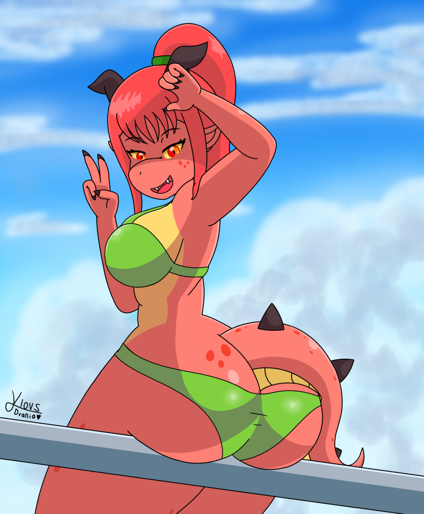 anthro big_breasts big_butt bikini breasts butt clothing dragon drania_(klovs) female hair hi_res klovs looking_at_viewer red_body red_hair smile solo swimwear thick_thighs