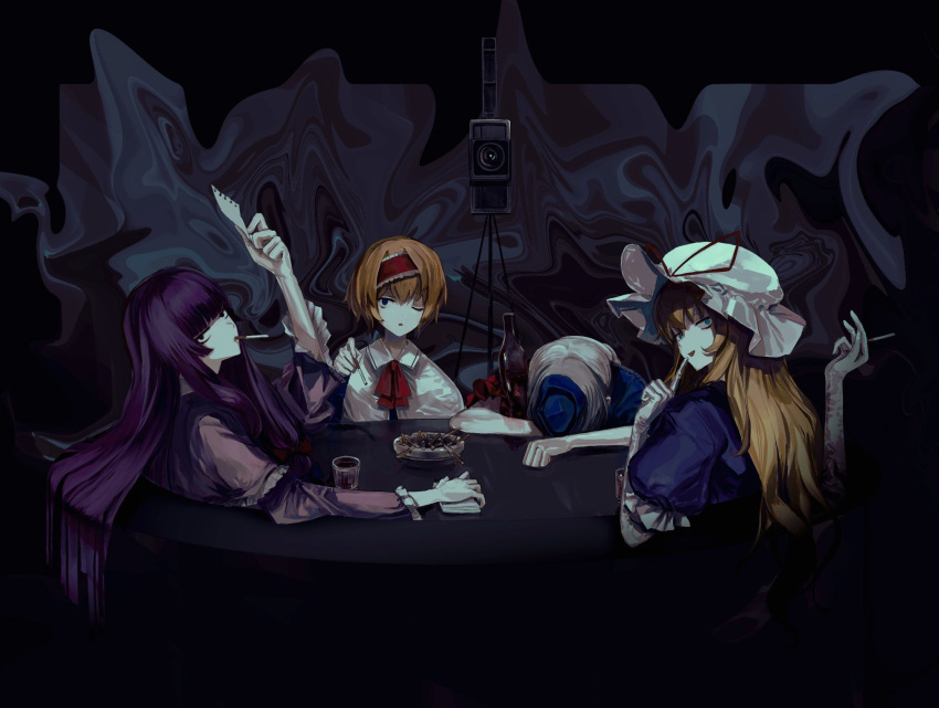 4girls alice_margatroid ashtray bangs blonde_hair blue_eyes blunt_bangs bow bowtie capelet cigarette coat collared_capelet commentary_request cookie_(touhou) dress elbow_gloves face_down frilled_hairband frilled_sleeves frills gloves grey_hair hairband hat hat_ribbon highres holding holding_cigarette long_hair looking_at_viewer looking_down mob_cap multiple_girls multiple_persona on_(_l0_) open_mouth patchouli_knowledge pink_coat puffy_short_sleeves puffy_sleeves purple_dress purple_eyes purple_hair red_bow red_bowtie red_hairband red_ribbon ribbon short_hair short_sleeves smile smoking table taisa_(cookie) touhou translation_request upper_body very_long_hair video_camera white_capelet white_gloves yagokoro_eirin yakumo_yukari