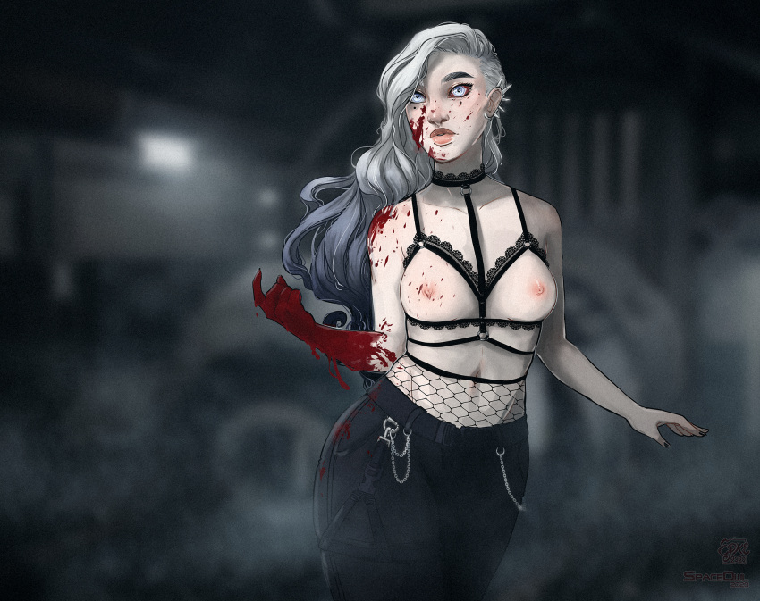 beaten_in_blood blood blood_on_face blood_on_hand bloodshot_eyes bodily_fluids breasts certhioid clothed clothing cybernetics cyborg epke fan_character female fishnet fishnet_legwear harness hi_res human lace legwear machine mammal not_furry nude partially_clothed spaceowl wren