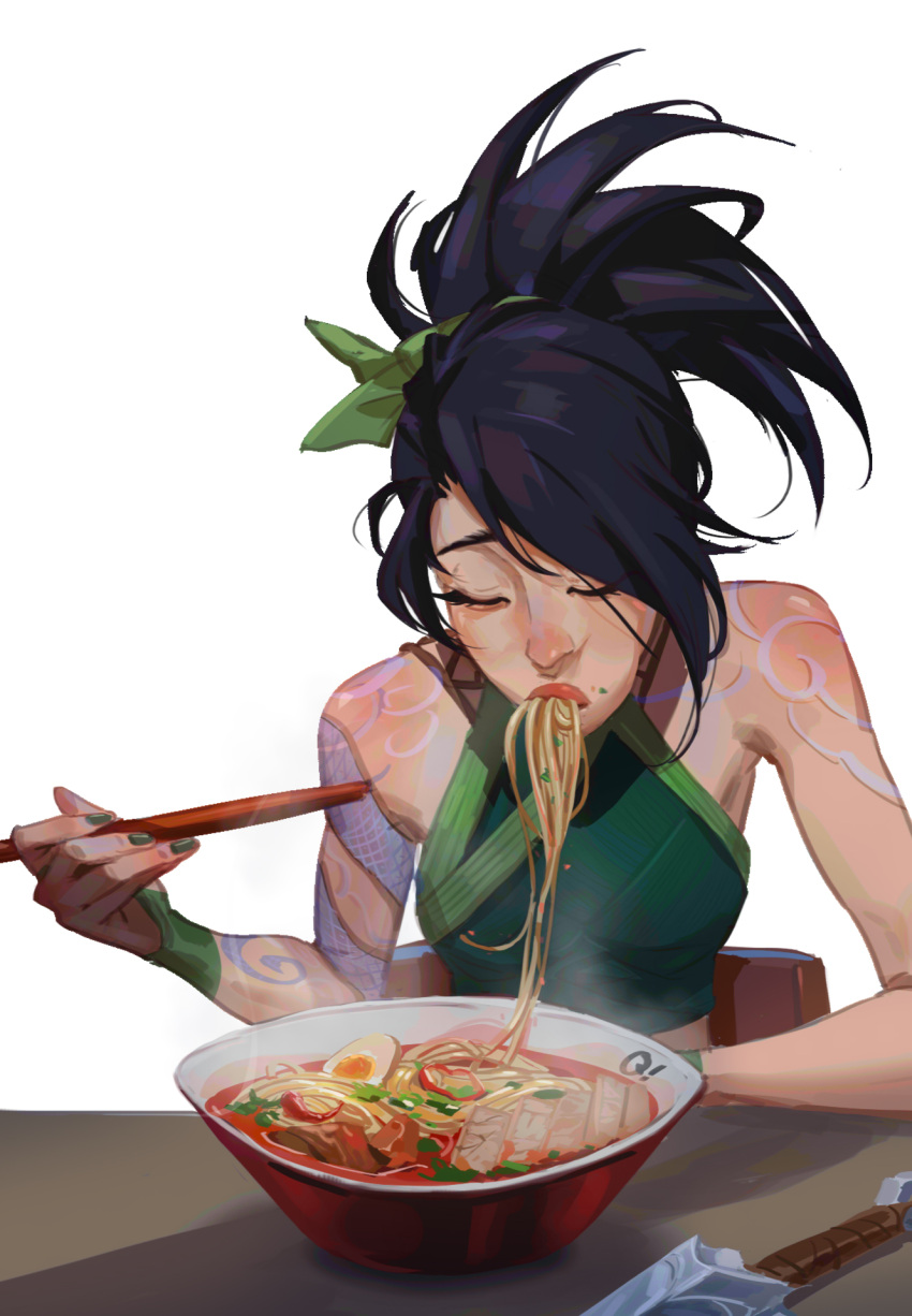 1girl akali bangs bare_shoulders black_hair bowl breasts chopsticks closed_eyes eating food green_hairband green_shirt hairband highres holding holding_chopsticks league_of_legends long_hair medium_breasts noodles ponytail qi_mang_(qimang) ramen shirt solo upper_body weapon