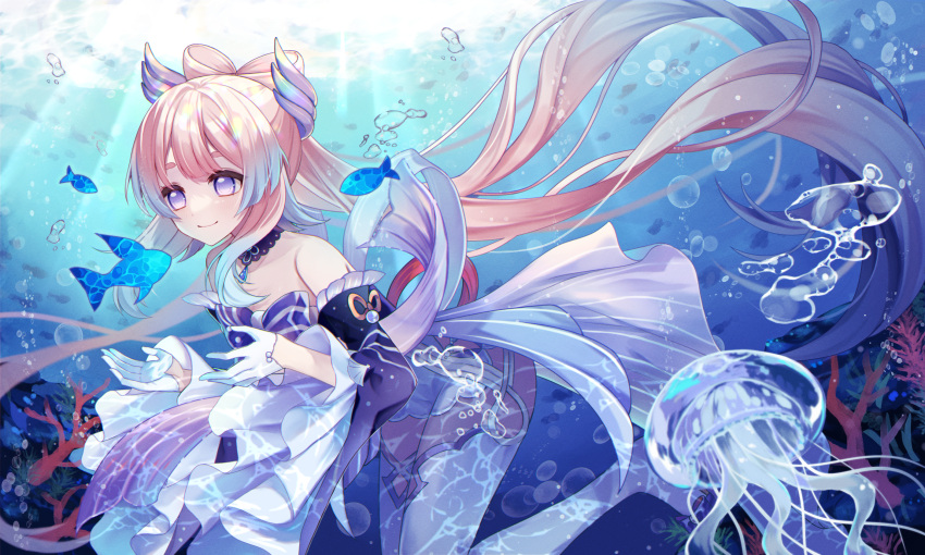 1girl air_bubble bangs bare_shoulders blue_eyes blunt_bangs bow bowtie bubble coral_reef frilled_sleeves frills genshin_impact gloves hair_ornament highres jellyfish long_hair ocean ougi_(u_to4410) pink_hair sangonomiya_kokomi shorts smile solo sunlight thighhighs underwater very_long_hair white_gloves wide_sleeves