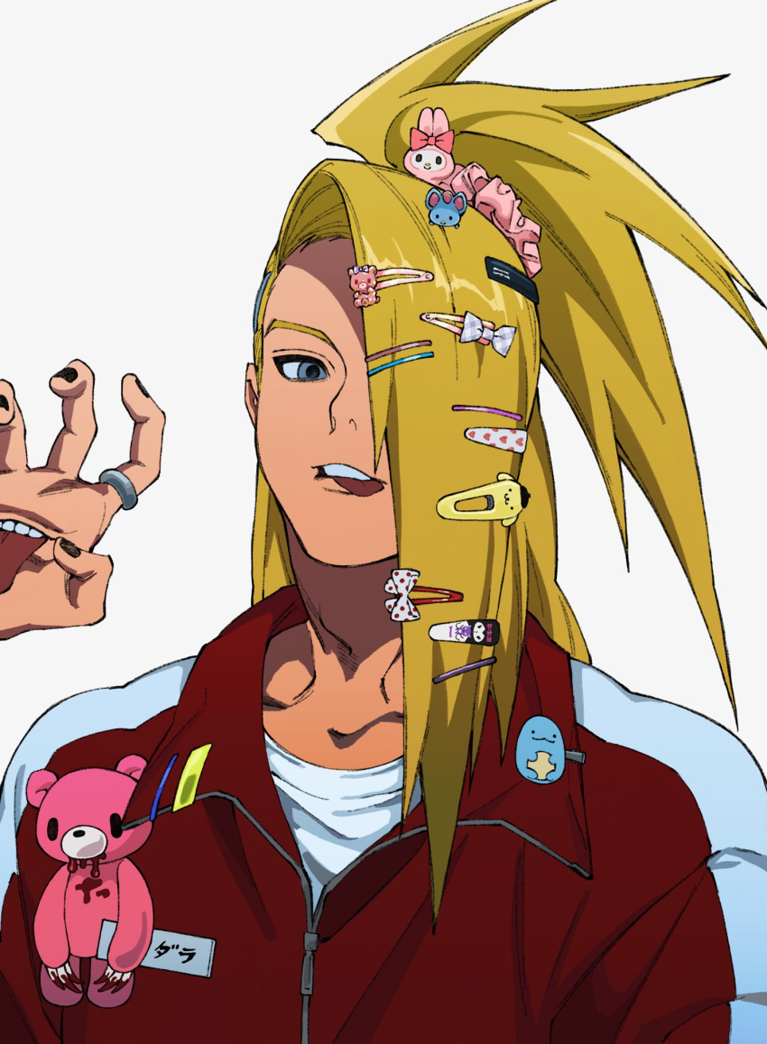 1boy alternate_costume blonde_hair blue_eyes casual character_request deidara_(naruto) extra_tongue hair_ornament hair_over_one_eye hairclip hairpin highres jacket long_hair looking_at_viewer male_focus naruto naruto_(series) naruto_shippuuden pokemon ponytail smile solo stuffed_animal stuffed_toy teddy_bear tongue track_jacket umkaqryi upper_body