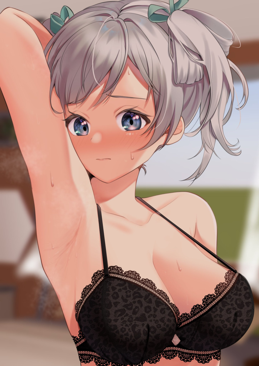 1girl arm_up armpits black_bra blue_eyes blurry blurry_background blush bra breasts ciel_alencon cleavage commission depth_of_field embarrassed god_eater god_eater_2:_rage_burst grey_hair hair_ribbon highres large_breasts lingerie looking_at_viewer mukuro_usss ribbon skeb_commission solo steaming_body strap_gap twintails underwear upper_body