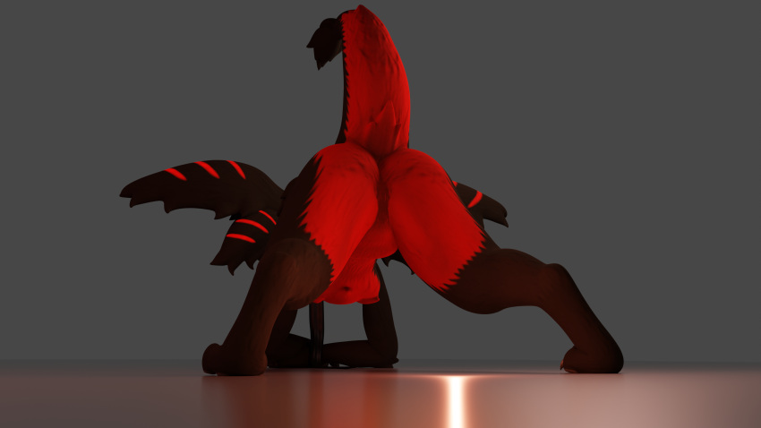 absurd_res anthro ashtonsparx_(artist) blender_(software) breasts fur fur_markings herm hi_res hobkin intersex jack-o'_pose long_tongue markings multi_ear pose presenting red_body red_fur simple_background solo tongue tongue_out