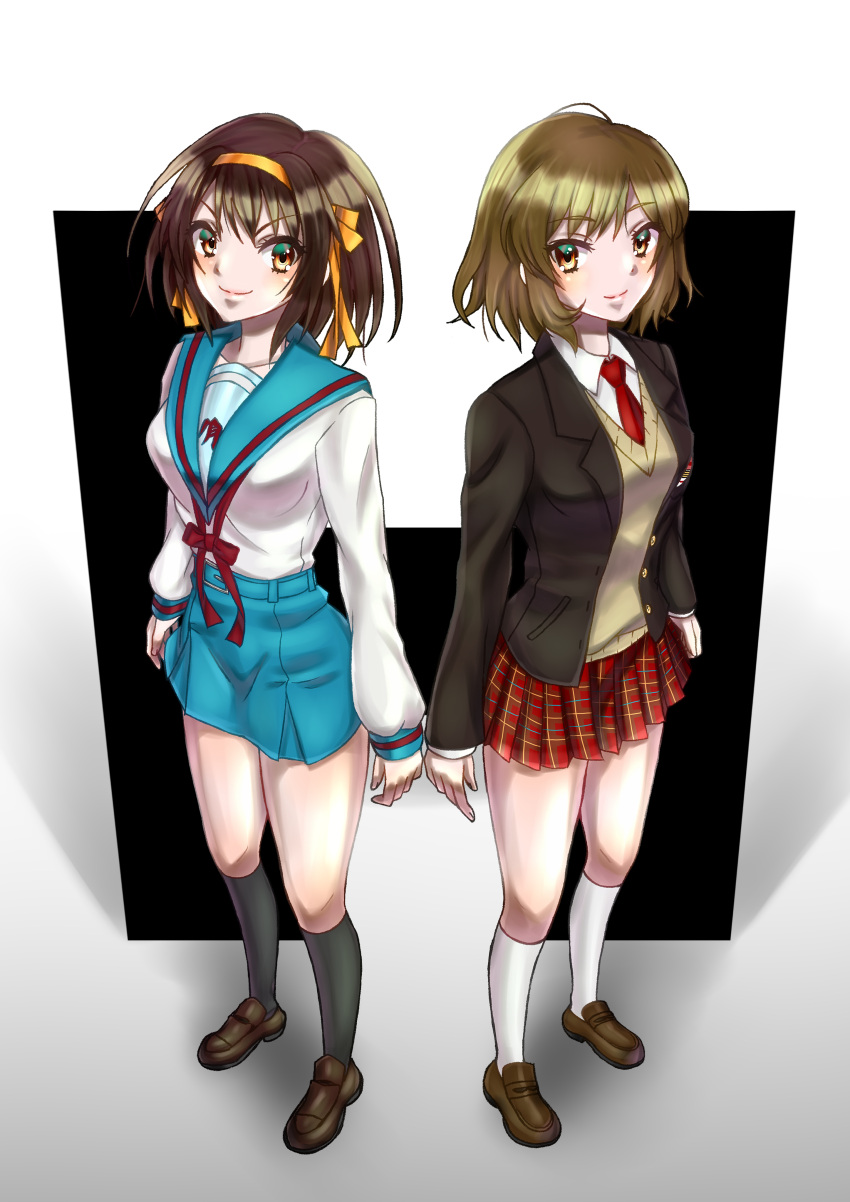 2girls absurdres bangs belt bickle_(bickle1983) black_legwear blazer blue_sailor_collar blue_skirt blush brown_eyes brown_footwear brown_hair brown_jacket commentary_request eyebrows_visible_through_hair from_above full_body h hair_ribbon hairband highres jacket kita_high_school_uniform kneehighs loafers long_sleeves looking_at_viewer multiple_girls necktie open_clothes open_jacket plaid plaid_skirt red_necktie red_ribbon red_skirt ribbon sailor_collar sasaki_(suzumiya_haruhi) school_uniform serafuku shiny shiny_hair shirt shoes short_hair simple_background skirt smile standing suzumiya_haruhi suzumiya_haruhi_no_yuuutsu sweater_vest vest white_background white_legwear white_shirt yellow_hairband yellow_ribbon yellow_vest