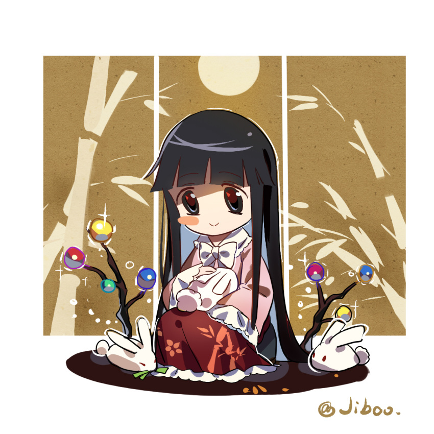 1girl artist_name bamboo black_eyes black_hair blush_stickers bow bowtie branch bunny chibi closed_mouth commentary eyebrows_visible_through_hair frilled_skirt frilled_sleeves frills full_body heartfelt-fancy_(artist) highres hime_cut houraisan_kaguya jeweled_branch_of_hourai long_hair long_sleeves looking_at_animal on_lap one-hour_drawing_challenge petting pink_shirt red_skirt shirt sitting skirt smile solo touhou very_long_hair white_bow white_bowtie wide_sleeves