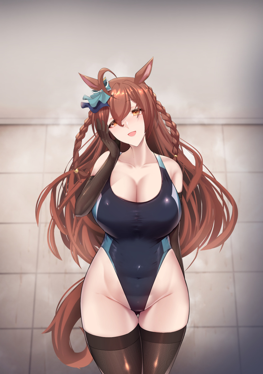 1girl absurdres animal_ears bangs bare_shoulders big_shine black_gloves black_legwear black_swimsuit blush braid breasts brown_eyes brown_hair cleavage collarbone commentary commentary_request competition_swimsuit covered_navel cowboy_shot elbow_gloves gloves hair_ornament highres horse_ears horse_girl horse_tail large_breasts long_hair looking_at_viewer mejiro_bright_(umamusume) one-piece_swimsuit open_mouth smile solo swimsuit tail thighhighs thighs twin_braids umamusume