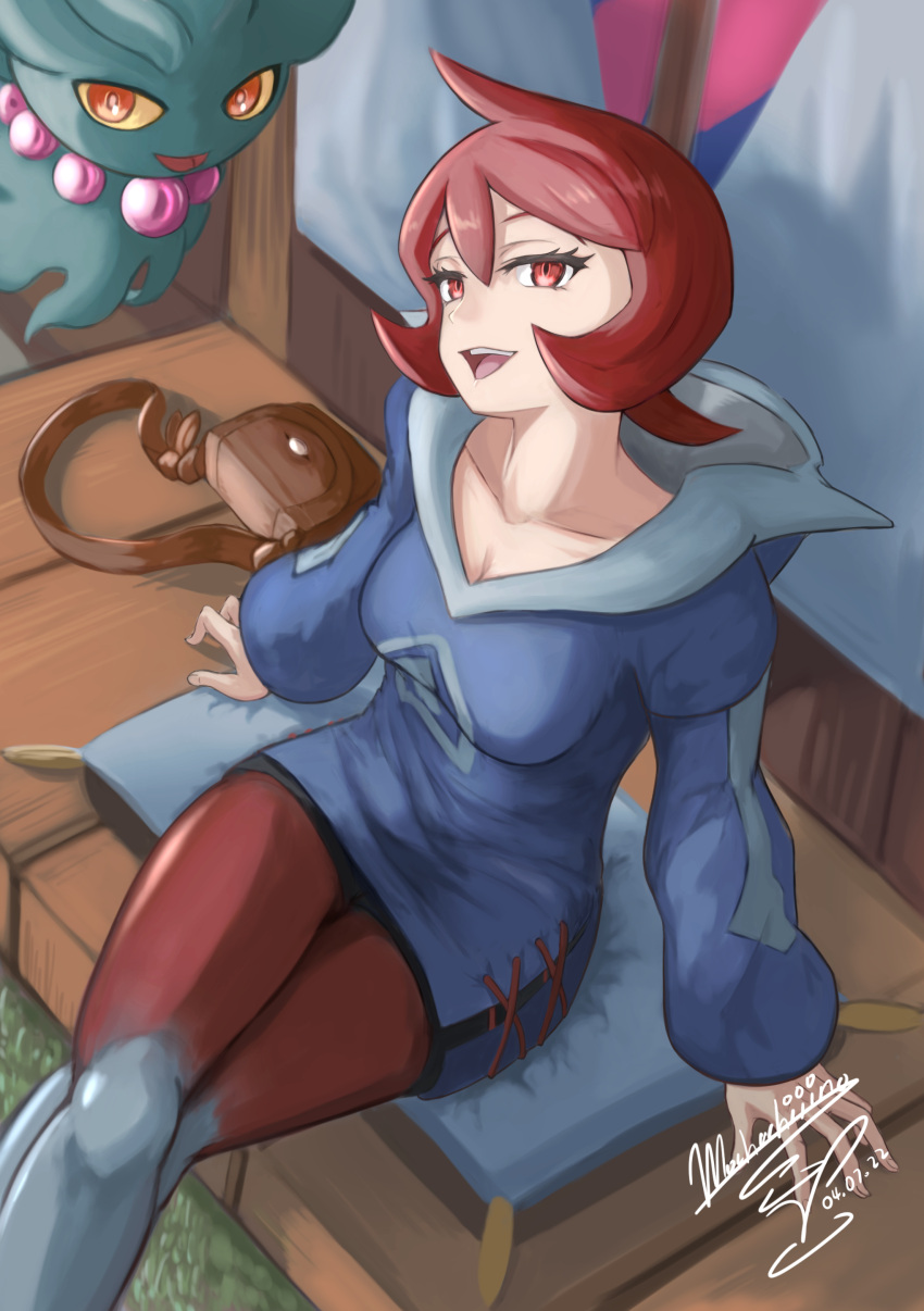 1girl absurdres arezu_(pokemon) breasts cleavage crossed_legs dated diamond_clan_outfit grey_legwear highres looking_at_viewer misdreavus mochachiiino open_mouth pantyhose pokemon pokemon_(creature) pokemon_(game) pokemon_legends:_arceus pouch red_eyes red_hair red_legwear short_hair signature sitting solo teeth thighs two-tone_legwear upper_teeth