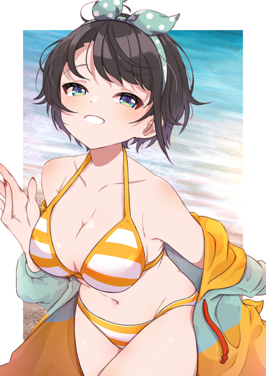 1girl absurdres bad_hands bangs beach bikini black_hair blue_eyes blue_jacket blush breasts cleavage collarbone commentary cowboy_shot eyebrows_visible_through_hair grin highres hololive jacket looking_at_viewer medium_breasts multicolored_clothes multicolored_jacket nail_polish navel off_shoulder official_alternate_costume oozora_subaru open_clothes open_jacket orange_bikini orange_jacket polka_dot_hairband red_nails short_hair smile solo standing stomach striped striped_bikini suzushika_(13_96) swept_bangs swimsuit teeth two-tone_jacket virtual_youtuber