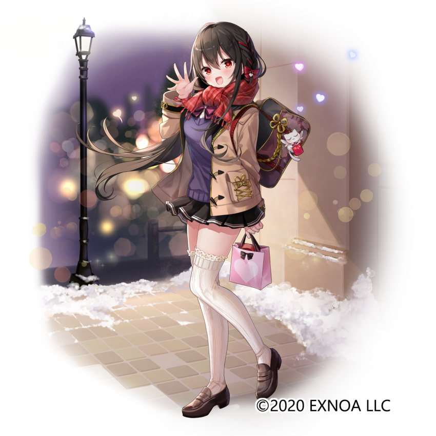 1girl 2020 :d bag bangs black_footwear black_hair black_skirt blurry blush bokeh border braid brown_jacket carrying_bag cat_ornament city_lights company_name depth_of_field emia_(castilla) fading_border floral_print fortress_girl frilled_legwear gold_trim hair_between_eyes hair_ornament hair_ribbon head_tilt heart heart_hair_ornament highres jacket lamppost lapel long_hair long_sleeves looking_at_viewer natsumi_(fortress_girl) neck_ribbon night official_art open_mouth outdoors parted_bangs plaid plaid_scarf pleated_skirt purple_sweater red_eyes red_scarf ribbed_legwear ribbon ribbon_braid road scarf shirt shoes shopping_bag sidelocks sidewalk skirt smile snow street sweater thighhighs valentine very_long_hair wall waving white_legwear white_shirt zettai_ryouiki