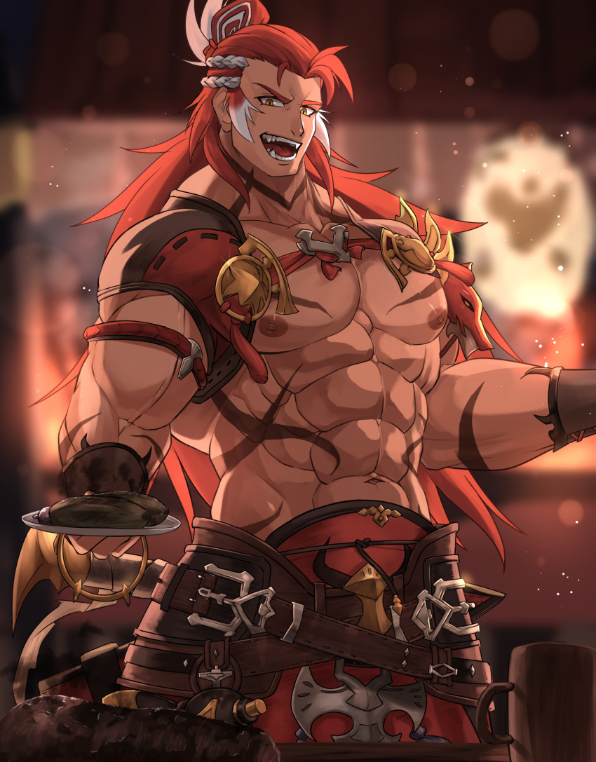1boy abs arm_tattoo armband armor bara bellsaltr belt biceps blurry blurry_background chest_belt cup dagger fangs food gauntlets granblue_fantasy highres knife large_pectorals leather_belt long_hair long_sideburns looking_at_viewer male_focus manly mature_male meat mug multicolored_hair muscular muscular_male neck_tattoo nipples open_mouth outdoors pectorals plate ponytail red_hair shoulder_armor shoulder_pads sideburns skirt slit_pupils smile solo stomach_tattoo table tattoo teeth thick_arms thick_eyebrows tongue topless topless_male tusks veins veiny_arms weapon weapon_on_back white_hair wilnas_(granblue_fantasy) yellow_eyes