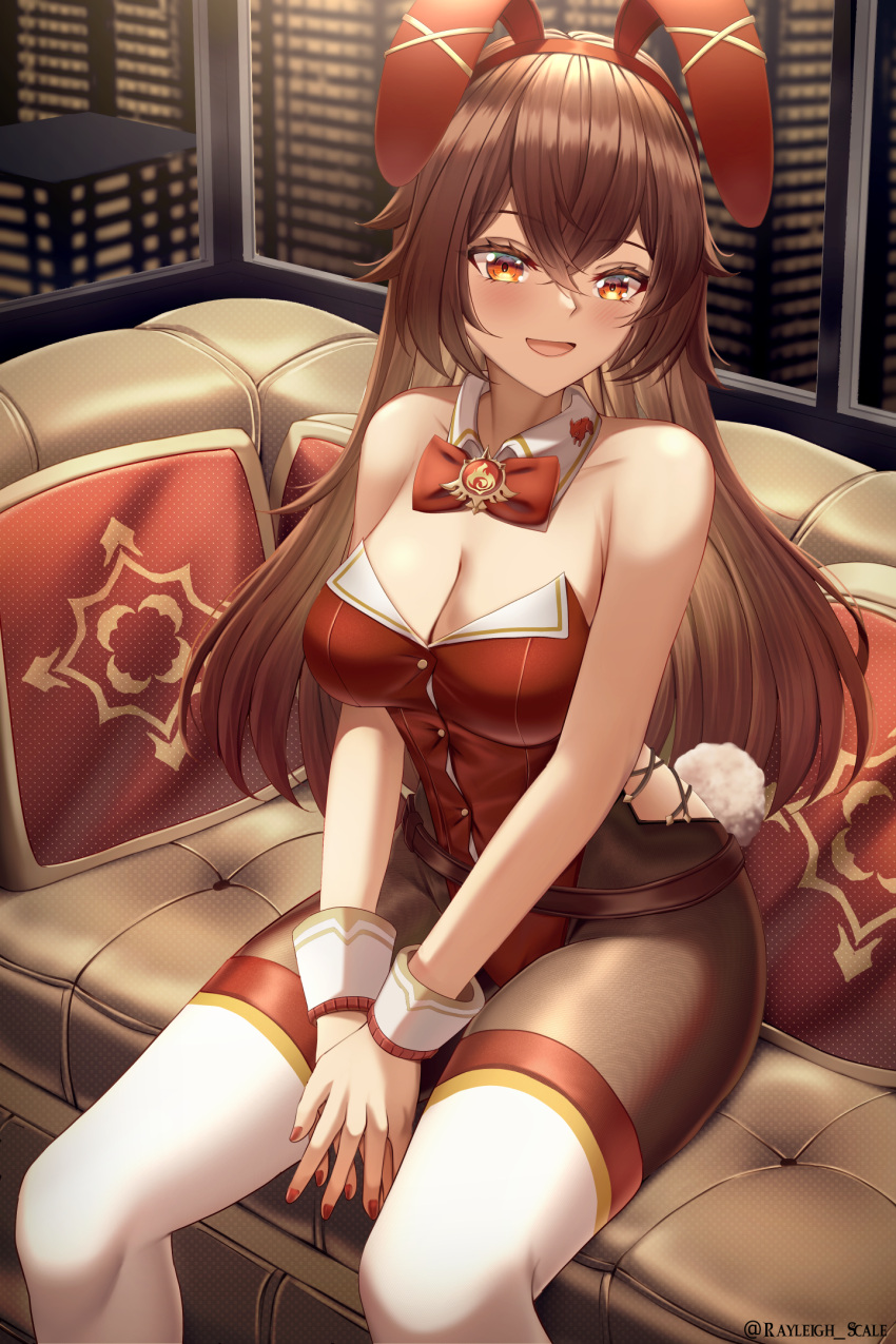 1girl :d amber_(genshin_impact) animal_ears bangs bare_shoulders between_legs black_legwear boots bow bowtie breasts brown_eyes brown_hair building cleavage couch crossed_bangs detached_collar fake_animal_ears genshin_impact hand_between_legs highres large_breasts leotard long_hair looking_at_viewer night on_couch pantyhose playboy_bunny rabbit_ears rabbit_tail rayleigh_scale red_bow red_bowtie red_leotard red_nails sitting smile solo tail thigh_boots thighhighs thighs twitter_username vision_(genshin_impact) white_legwear window wrist_cuffs