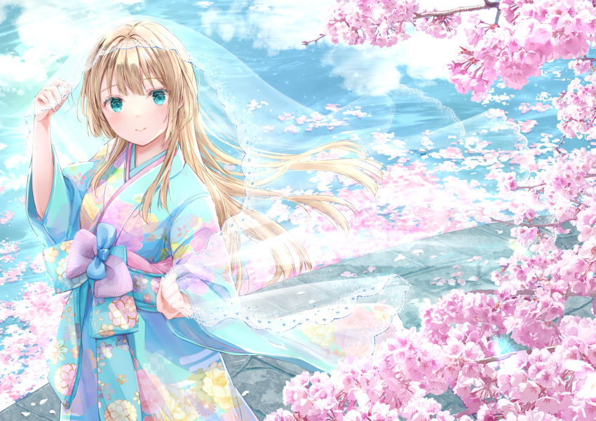 1girl akasaka_asa aqua_eyes blonde_hair cherry_blossoms closed_mouth english_commentary eyebrows_visible_through_hair floral_print forehead green_eyes hair_between_eyes hand_up highres holding japanese_clothes kimono long_hair long_sleeves looking_at_viewer original outdoors petals see-through shadow sky smile solo veil wide_sleeves