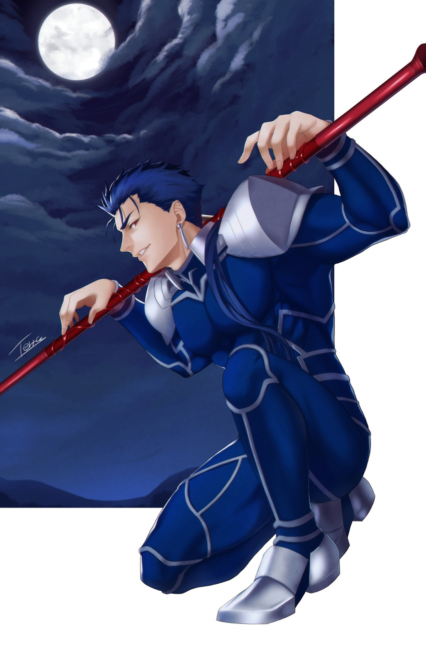 1boy abs armor beads blue_bodysuit blue_hair bodysuit cu_chulainn_(fate) cu_chulainn_(fate/stay_night) earrings fate/stay_night fate_(series) gae_bolg_(fate) grin hair_beads hair_ornament highres jewelry kneeling long_hair looking_at_viewer male_focus moon muscular muscular_male night night_sky pauldrons ponytail red_eyes shoulder_armor skin_tight sky smile solo spiked_hair terra_ekm