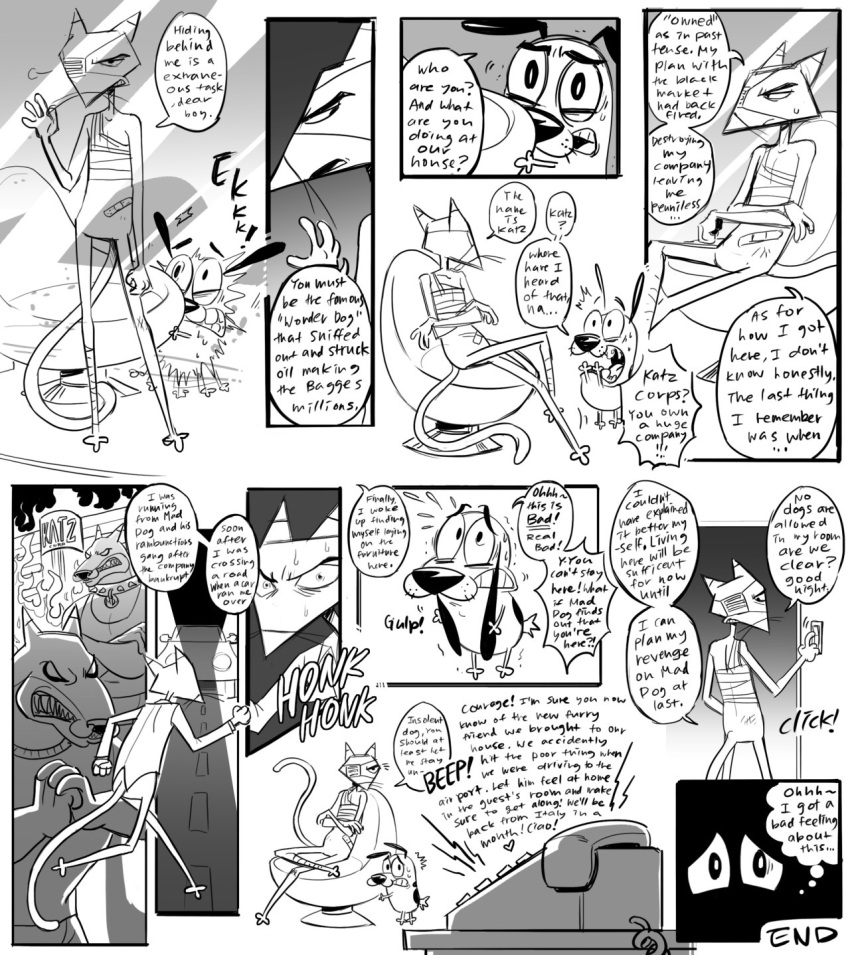 alternate_universe angst annoyed annoyed_expression anthro apprehensive band-aid bandage bandage_on_face big_eyes black_ears black_eyes black_nose bodily_fluids building c2ndy2c1d canid canine canis cartoon_network chair clenched_teeth clothed clothing comic courage_the_cowardly_dog courage_the_cowardly_dog_(character) crossed_arms crossed_legs dark dialogue domestic_cat domestic_dog doorway dress_shirt ear_pull english_text eye_contact eyebrows felid feline felis female fire fist flashback frustrated frustration fur furniture gang gangster gritty group hi_res hiding house human inside interspecies junkmixart katz_(courage_the_cowardly_dog) light_switch looking_aside looking_at_another looking_away looking_back looking_down looking_up mad_dog_(courage_the_cowardly_dog) male male/male mammal mansion markings mobster muriel_bagge name_tag nervous nervous_sweat night no_pupils nude one_eye_obstructed outside partially_clothed phone phone_call pupils running scared shaking sharp_teeth shirt shivering shocked shocked_expression shocked_face sitting size_difference spots spotted_body spotted_fur spotted_markings standing surprise surprised_expression surprised_face surprised_look swallowing sweat sweatdrop sweating_profusely table talking_to_another tank_top teeth text thick_eyebrows topwear unseen_character walking whiskers white_pupils window worried wounded