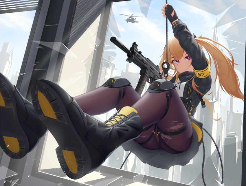aircraft ass bangs black_footwear black_gloves black_jacket black_legwear boots brown_hair building cityscape closed_mouth english_commentary eyebrows_visible_through_hair fingerless_gloves girls'_frontline gloves grey_skirt gun h&amp;k_ump h&amp;k_ump9 helicopter highres holding holding_gun holding_rope holding_weapon jacket knee_pads long_hair long_sleeves open_clothes open_jacket pantyhose purple_eyes rappelling rope scar scar_across_eye shirt skirt smile submachine_gun tenroy thighs torn_clothes torn_legwear twintails ump9_(girls'_frontline) weapon white_shirt window