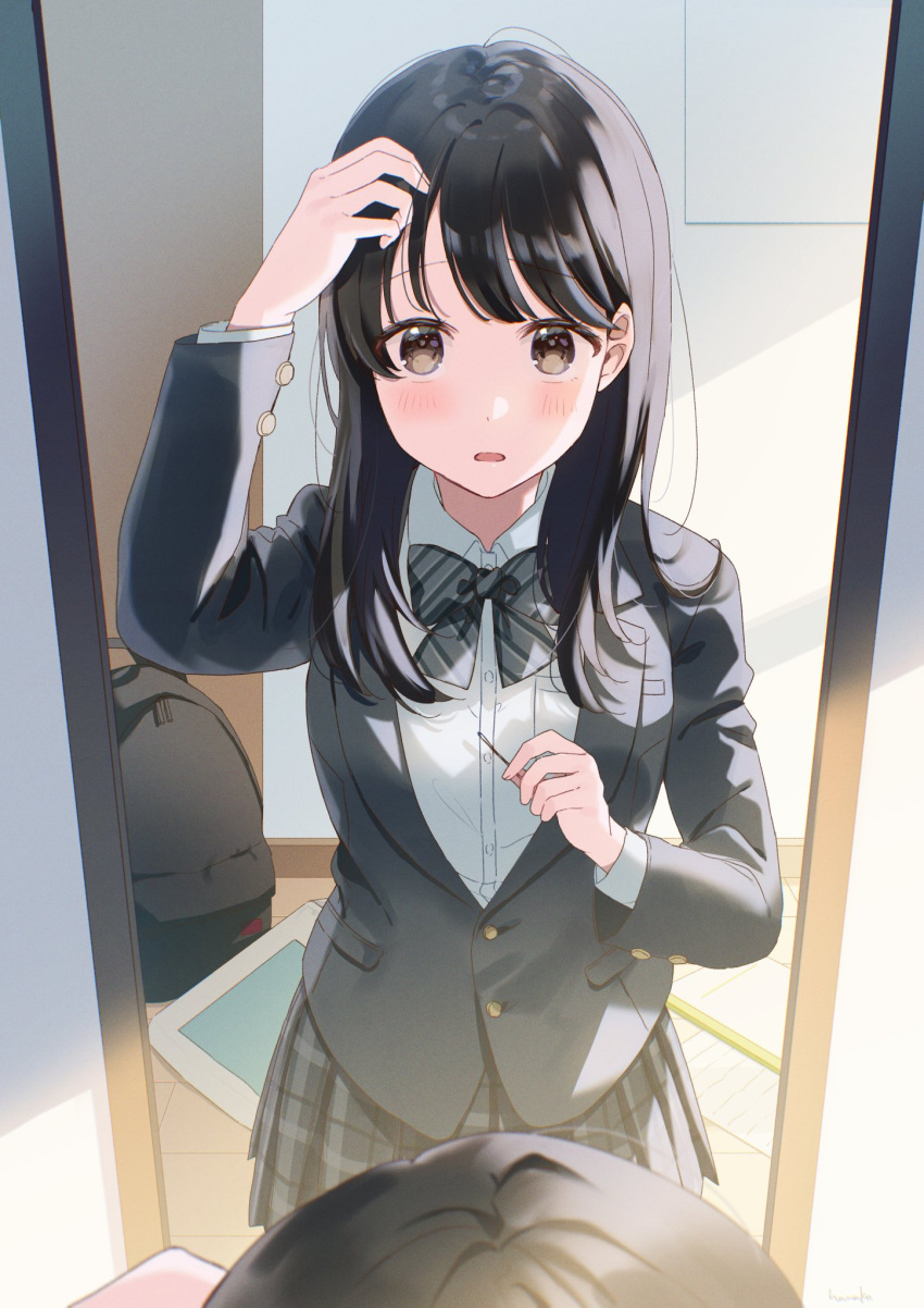 1girl :o adjusting_hair backpack bag bangs black_bag black_bow black_bowtie black_hair black_jacket blazer blue_skirt blush bow bowtie brown_eyes collared_shirt dress_shirt hanako151 hand_in_own_hair hand_up highres indoors jacket long_hair long_sleeves looking_at_mirror mirror open_mouth original plaid plaid_skirt pleated_skirt reflection school_uniform shirt skirt solo standing surprised white_shirt