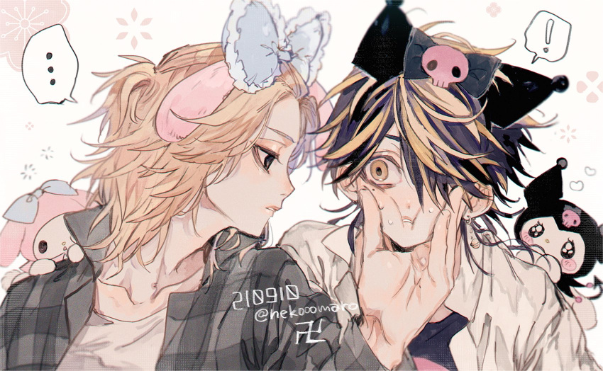 2boys black_eyes blonde_hair cheek_squash cosplay ear_piercing hanemiya_kazutora highres kuromi kuromi_(cosplay) looking_at_another male_focus multicolored_hair multiple_boys my_melody my_melody_(cosplay) onegai_my_melody piercing sano_manjirou short_hair tanjou tokyo_revengers yellow_eyes