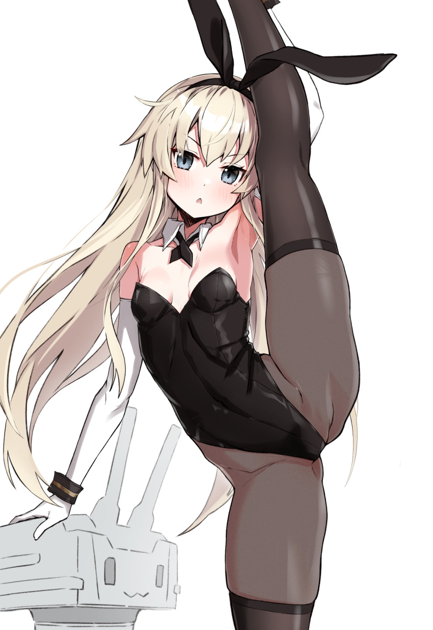 1girl alternate_eye_color animal_ears armpits black_legwear black_leotard blonde_hair blush breasts chestnut_mouth collarbone detached_collar elbow_gloves eyebrows_visible_through_hair fake_animal_ears gloves hair_between_eyes highres kantai_collection leotard long_hair looking_at_viewer open_mouth pantyhose playboy_bunny rabbit_ears rensouhou-chan resized shimakaze_(kancolle) simple_background skindentation small_breasts solo split standing standing_on_one_leg standing_split takanashi_kei_(hitsujikan) thighhighs upscaled white_background white_gloves wrist_cuffs