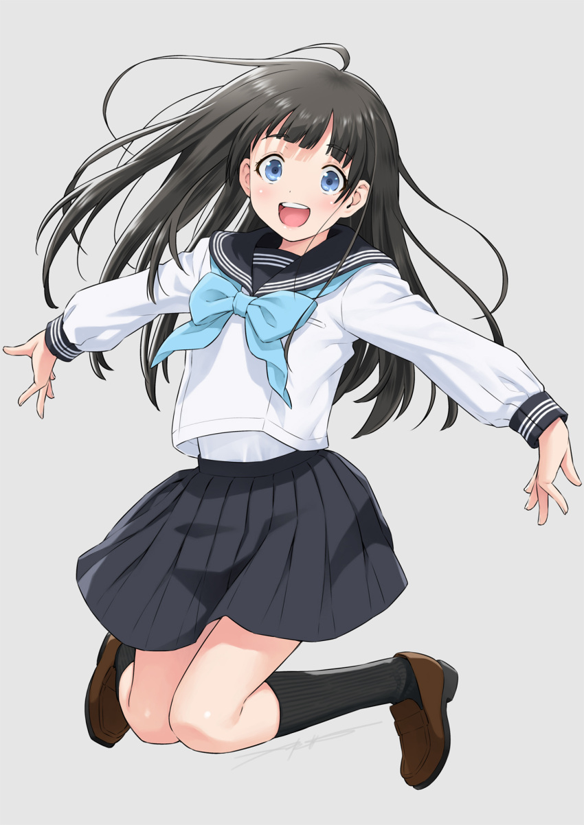 1girl akebi-chan_no_serafuku akebi_komichi bangs black_hair black_legwear black_sailor_collar black_skirt blue_bow blue_eyes blue_neckerchief blunt_bangs bow brown_footwear commentary_request eyebrows_visible_through_hair grey_background highres jumping kazuma_muramasa kneehighs loafers long_hair long_sleeves looking_at_viewer midair neckerchief open_mouth pleated_skirt roubai_academy_school_uniform_(old) sailor_collar school_uniform serafuku shirt shoes simple_background skirt solo white_shirt