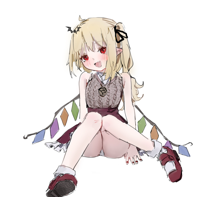 1girl :d ahoge alternate_costume alternate_hair_ornament animal_hair_ornament ankle_socks arm_support armpit_crease bangs bare_arms bare_legs bare_shoulders bat_hair_ornament black_ribbon blonde_hair blush bobby_socks cable_knit contemporary eyebrows_visible_through_hair fang fingernails flandre_scarlet frills full_body hair_ornament hair_ribbon head_tilt high-waist_skirt highres jewelry knees_together_feet_apart knees_up legs long_hair looking_at_viewer mary_janes miniskirt nail_polish necklace no_hat no_headwear one_side_up open_mouth panties pantyshot pendant petticoat pointy_ears red_eyes red_footwear red_nails red_skirt reddizen ribbon shirt_tucked_in shoe_soles shoes simple_background sitting skirt sleeveless smile socks solo source_request touhou underwear white_background white_legwear white_panties wings