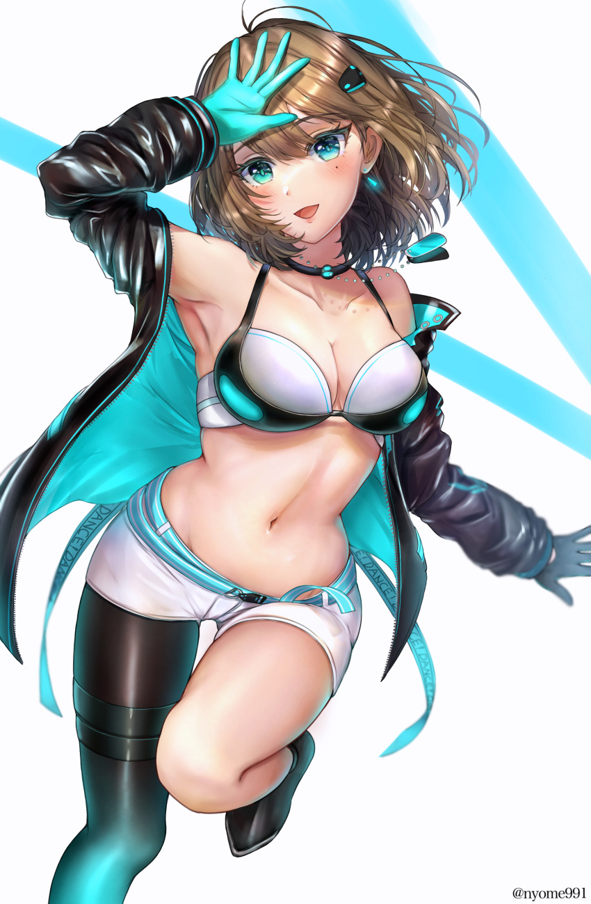 1girl :d absurdres arm_up asymmetrical_legwear bangs bikini bikini_top_only black_jacket black_legwear blue_eyes boots breasts brown_hair cleavage earrings eyebrows_visible_through_hair highres idolmaster idolmaster_cinderella_girls jacket jewelry looking_at_viewer mismatched_legwear mole mole_under_eye navel nyome991 pantyhose short_hair short_shorts shorts single_leg_pantyhose single_thigh_boot smile solo standing standing_on_one_leg swimsuit takagaki_kaede thigh_boots thighhighs two-tone_gloves white_bikini white_shorts