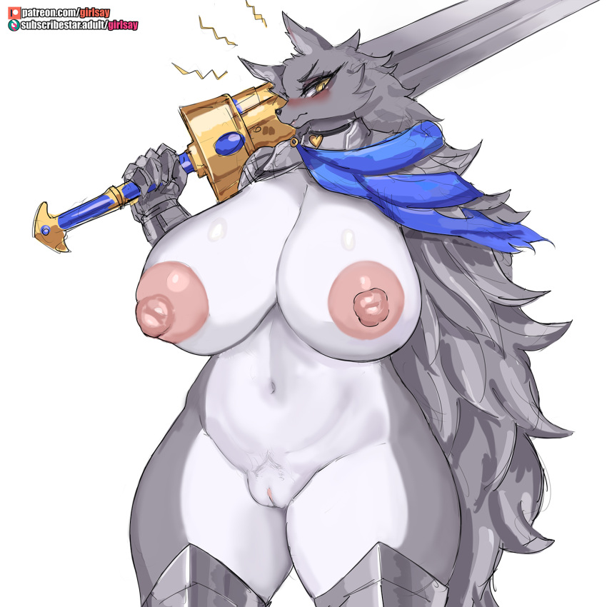 anthro armor blaidd_(elden_ring) blush boots canid canine canis cloak clothing crossgender curvy_figure elden_ring female footwear fromsoftware genitals girlsay greatsword hi_res mammal mostly_nude mtf_crossgender nipples pink_nipples pussy slightly_chubby solo thick_thighs video_games voluptuous wide_hips wolf