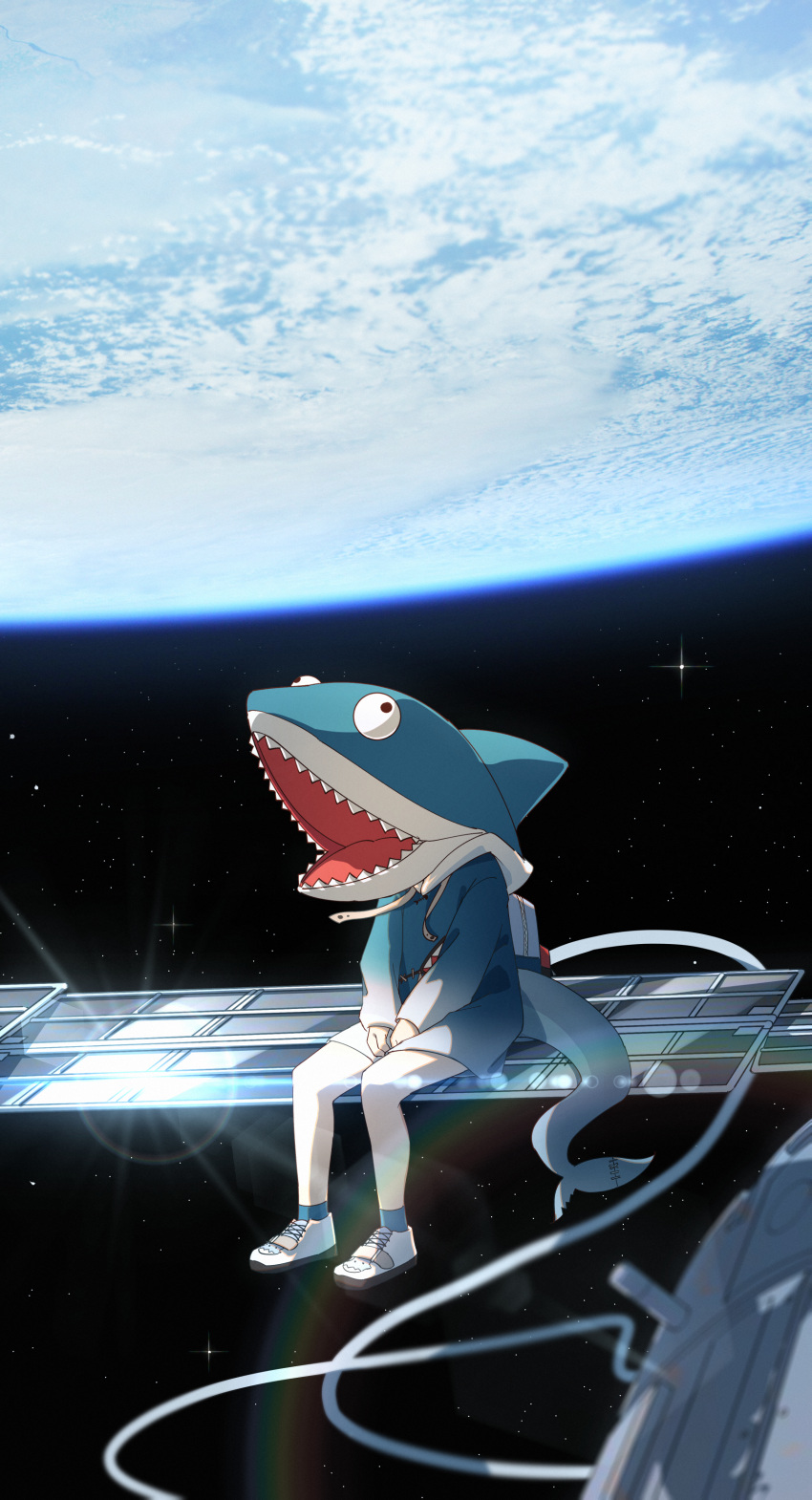 1girl absurdres animal_costume backpack bag bare_legs blue_hoodie fish_tail gawr_gura highres hololive hololive_english hood hoodie jl_tan long_sleeves satellite shark_costume shark_tail shoes sitting solo space star_(sky) tail v_arms virtual_youtuber white_footwear