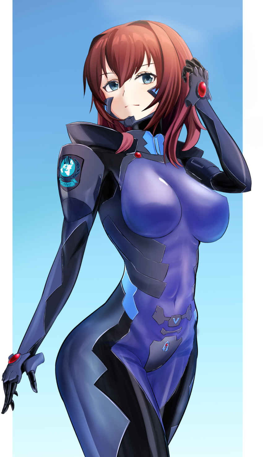 1girl blue_eyes breasts covered_navel eyebrows_behind_hair fortified_suit green_eyes hair_intakes highres looking_to_the_side looking_up medium_breasts medium_hair munakata_misae muvluv muvluv_alternative nyato open_hand pillarboxed pilot_suit red_hair skin_tight solo