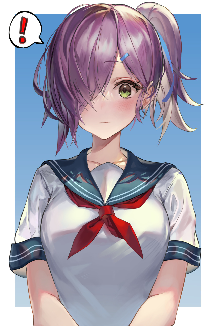 ! 1girl absurdres azur_lane bangs blue_background blue_sailor_collar blush breasts closed_mouth collarbone commentary eyebrows_visible_through_hair green_eyes hair_between_eyes hair_ornament hair_over_one_eye hairclip highres kabi_(zcwd8845) large_breasts long_hair looking_at_viewer neckerchief official_alternate_costume ponytail purple_hair red_neckerchief sailor_collar school_uniform shirt short_sleeves sidelocks solo spoken_exclamation_mark standing trieste_(azur_lane) trieste_(rooftop_lunch_break)_(azur_lane) upper_body white_shirt