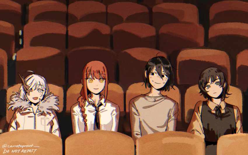 1boy 3girls black_hair black_necktie braid braided_ponytail carrotsprout chainsaw_man eri_(sayonara_eri) fire_punch hair_between_eyes highres ice_witch_(fire_punch) makima_(chainsaw_man) mole mole_under_eye mole_under_mouth movie_theater multiple_girls necktie red_hair ringed_eyes sayonara_eri school_uniform shirt short_hair sitting smile sweat togata_(fire_punch) twitter_username white_hair white_shirt yellow_eyes