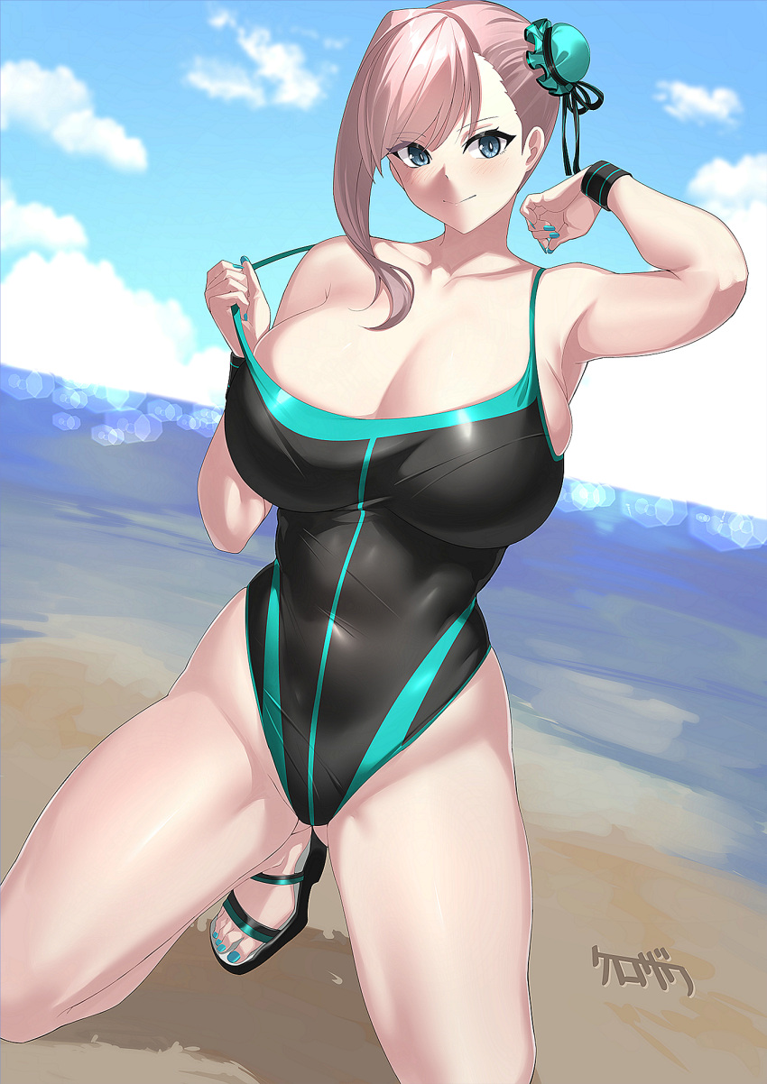 1girl bangs bare_shoulders beach black_swimsuit blue_eyes blue_sky blue_swimsuit blush breasts bun_cover cleavage collarbone fate/grand_order fate_(series) hair_bun hair_ribbon highleg highleg_swimsuit highres kurozawa_yui large_breasts long_hair looking_at_viewer miyamoto_musashi_(fate) miyamoto_musashi_(swimsuit_berserker)_(fate) ocean one-piece_swimsuit pink_hair ribbon shore side_bun sky smile solo swept_bangs swimsuit thighs two-tone_swimsuit