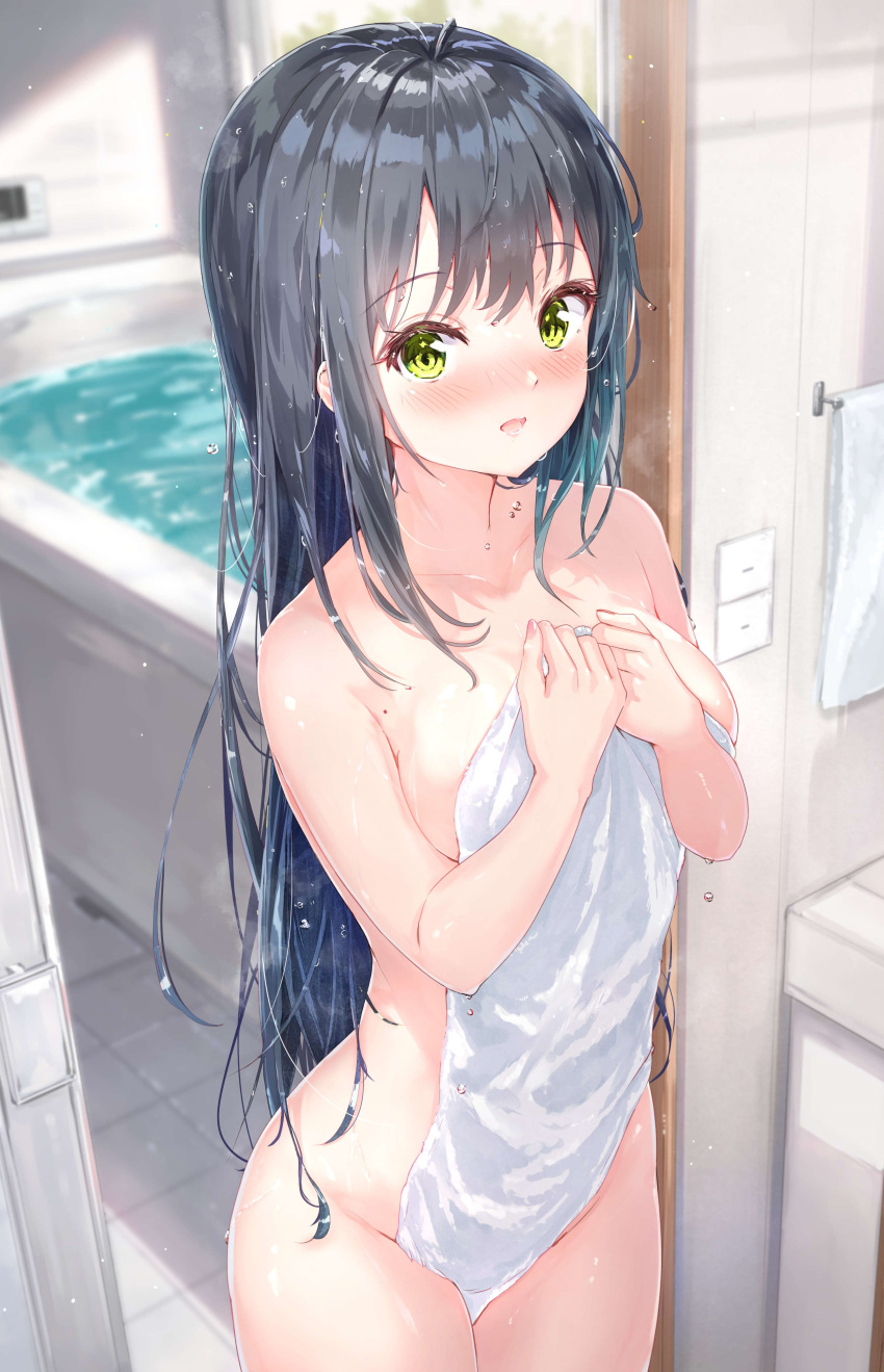 1girl absurdres bare_shoulders bathing black_hair blurry blurry_background blush breast_hold breasts breasts_out cleavage collarbone completely_nude ear_focus green_eyes highres large_breasts long_hair looking_at_viewer mole mole_on_armpit mole_on_breast na_kyo nude open_mouth original shiny shiny_hair shiny_skin smile solo towel very_long_hair wet wet_hair