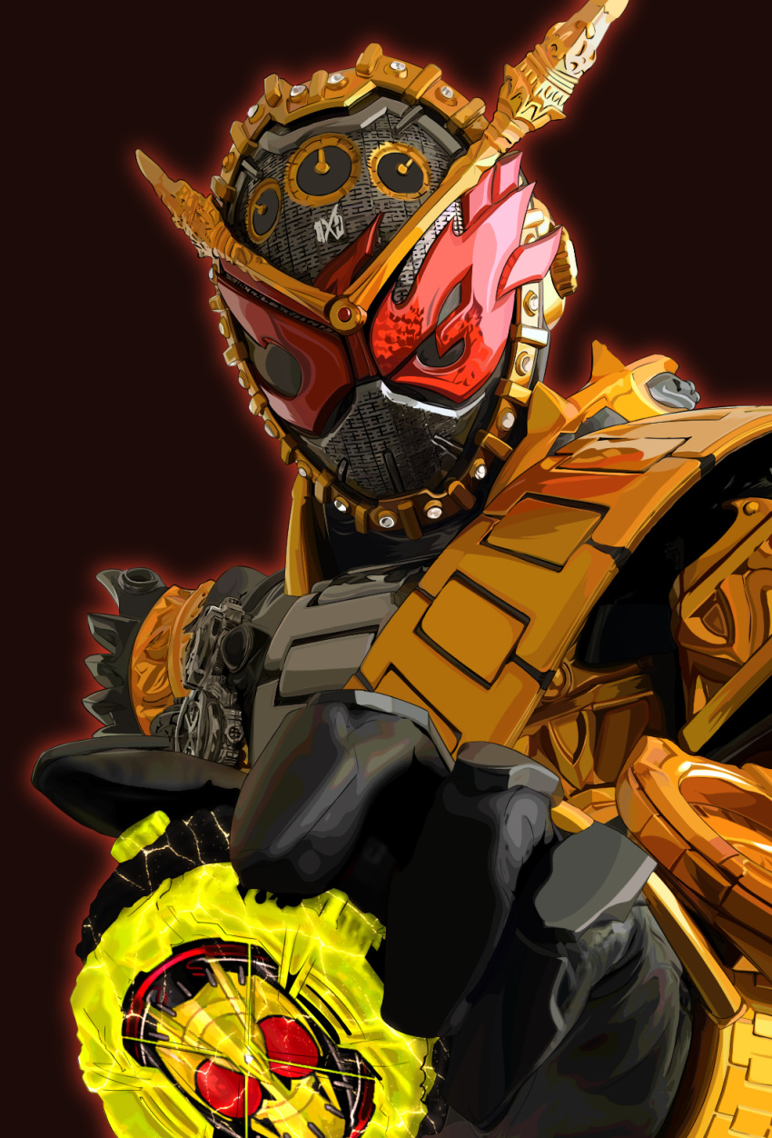 1boy armor black_armor bug clock clock_hands commentary_request derivative_work gloves gold_trim grasshopper green_armor highres kamen_rider kamen_rider_01_(series) kamen_rider_zero-one kamen_rider_zi-o_(series) male_focus ouma_zi-o red_background red_eyes rider_watch salad_tokutaro sash vambraces zero_one_rider_watch