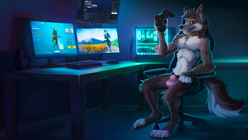 16:9 anthro biped black_claws black_pawpads brown_body brown_ears brown_fur brown_hair brown_nose brown_tail bulge canid chair cheek_tuft claws clothing computer_keyboard computer_mouse controller detailed_bulge epic_games facial_tuft fortnite fur furniture glistening glistening_claws glistening_eyes glistening_nose graphics_card hair hi_res holding_controller holding_object inner_ear_fluff knee_tuft leg_tuft looking_at_viewer male mammal neck_tuft office_chair on_chair pawpads pink_clothing pink_underwear screen short_hair shoulder_tuft signature sitting sitting_on_chair smile solo spotify tuft underwear video_games water_cooler white_body white_fur white_inner_ear_fluff white_tail white_toes widescreen yellow_eyes yookie