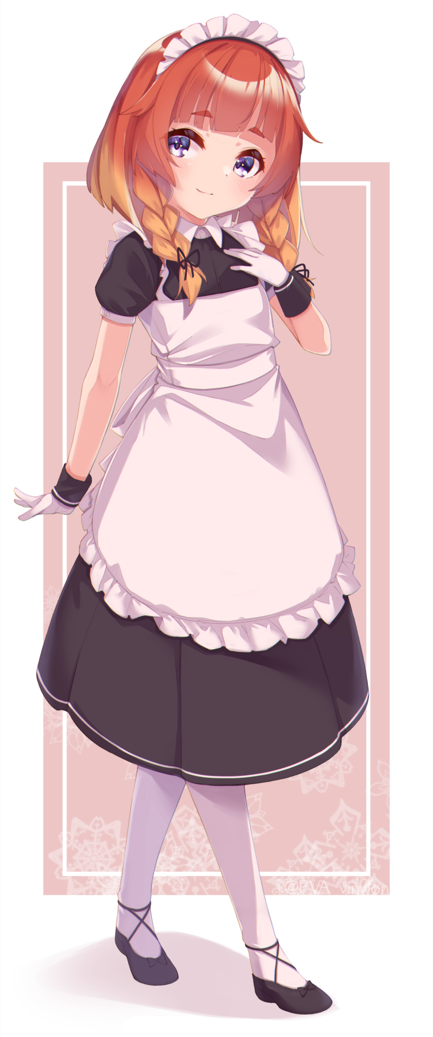 1girl absurdres alternate_costume apron black_dress black_footwear blush braid closed_mouth dress enmaided etorofu_(kancolle) eyebrows_visible_through_hair full_body gloves highres kantai_collection long_hair maid maid_apron maid_headdress pantyhose purple_eyes red_hair shoes solo twin_braids uut white_apron white_gloves white_legwear