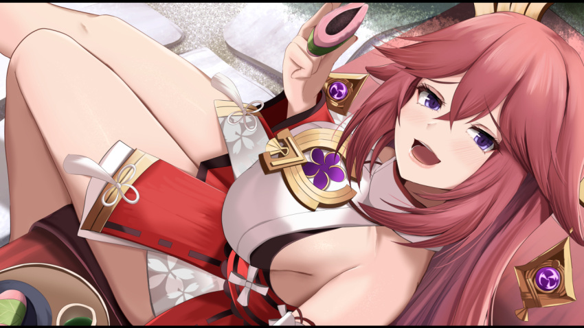 1girl animal_ears bangs bare_shoulders blush breasts detached_sleeves earrings fox_ears genshin_impact hair_ornament jewelry kanzaki_kureha large_breasts long_hair looking_at_viewer necklace open_mouth pendant pink_hair purple_eyes red_skirt sidelocks skirt sleeveless smile solo thighs very_long_hair wide_sleeves yae_miko