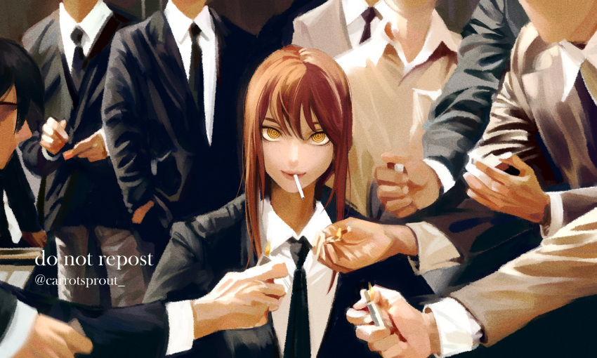 1girl 6+boys black_necktie carrotsprout chainsaw_man cigarette collared_shirt formal hayakawa_aki_(chainsaw_man) highres lighter looking_at_viewer makima_(chainsaw_man) multiple_boys necktie red_hair ringed_eyes shirt smoking suit yellow_eyes